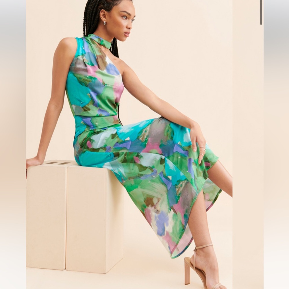 Sleeveless Green Abstract Print Midi Dress